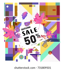 Autumn sale memphis style web banner. Fashion and travel discount poster. Vector holiday Abstract colorful illustration with special offer and promotion.