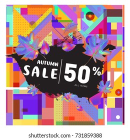 Autumn sale memphis style web banner. Fashion and travel discount poster. Vector holiday Abstract colorful illustration with special offer and promotion.