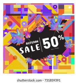 Autumn sale memphis style web banner. Fashion and travel discount poster. Vector holiday Abstract colorful illustration with special offer and promotion.