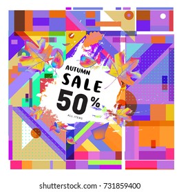 Autumn sale memphis style web banner. Fashion and travel discount poster. Vector holiday Abstract colorful illustration with special offer and promotion.