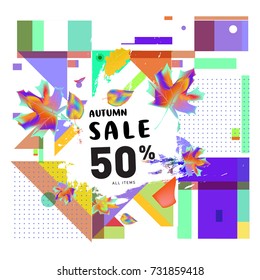Autumn sale memphis style web banner. Fashion and travel discount poster. Vector holiday Abstract colorful illustration with special offer and promotion.