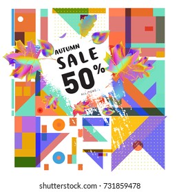 Autumn sale memphis style web banner. Fashion and travel discount poster. Vector holiday Abstract colorful illustration with special offer and promotion.