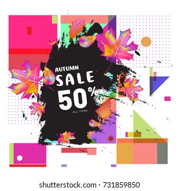 Autumn sale memphis style web banner. Fashion and travel discount poster. Vector holiday Abstract colorful illustration with special offer and promotion.
