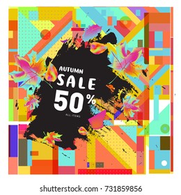 Autumn sale memphis style web banner. Fashion and travel discount poster. Vector holiday Abstract colorful illustration with special offer and promotion.