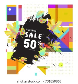 Autumn sale memphis style web banner. Fashion and travel discount poster. Vector holiday Abstract colorful illustration with special offer and promotion.
