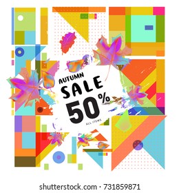 Autumn sale memphis style web banner. Fashion and travel discount poster. Vector holiday Abstract colorful illustration with special offer and promotion.