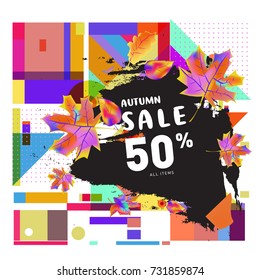 Autumn sale memphis style web banner. Fashion and travel discount poster. Vector holiday Abstract colorful illustration with special offer and promotion.