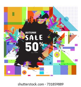 Autumn sale memphis style web banner. Fashion and travel discount poster. Vector holiday Abstract colorful illustration with special offer and promotion.