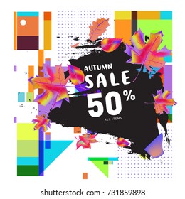 Autumn sale memphis style web banner. Fashion and travel discount poster. Vector holiday Abstract colorful illustration with special offer and promotion.