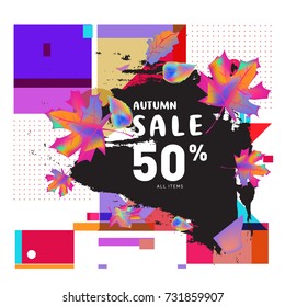 Autumn sale memphis style web banner. Fashion and travel discount poster. Vector holiday Abstract colorful illustration with special offer and promotion.