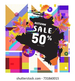 Autumn sale memphis style web banner. Fashion and travel discount poster. Vector holiday Abstract colorful illustration with special offer and promotion.