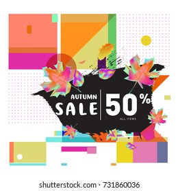 Autumn sale memphis style web banner. Fashion and travel discount poster. Vector holiday Abstract colorful illustration with special offer and promotion.