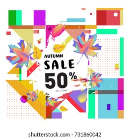 Autumn sale memphis style web banner. Fashion and travel discount poster. Vector holiday Abstract colorful illustration with special offer and promotion.
