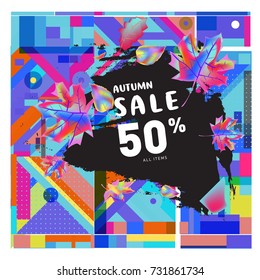 Autumn sale memphis style web banner. Fashion and travel discount poster. Vector holiday Abstract colorful illustration with special offer and promotion.