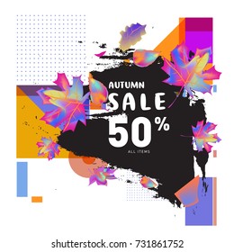 Autumn sale memphis style web banner. Fashion and travel discount poster. Vector holiday Abstract colorful illustration with special offer and promotion.