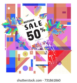 Autumn sale memphis style web banner. Fashion and travel discount poster. Vector holiday Abstract colorful illustration with special offer and promotion.