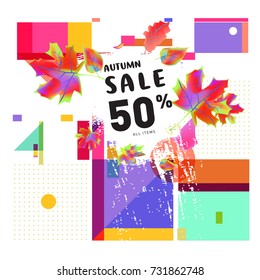 Autumn sale memphis style web banner. Fashion and travel discount poster. Vector holiday Abstract colorful illustration with special offer and promotion.