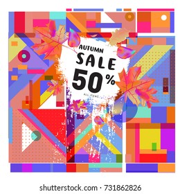 Autumn sale memphis style web banner. Fashion and travel discount poster. Vector holiday Abstract colorful illustration with special offer and promotion.