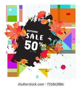 Autumn sale memphis style web banner. Fashion and travel discount poster. Vector holiday Abstract colorful illustration with special offer and promotion.