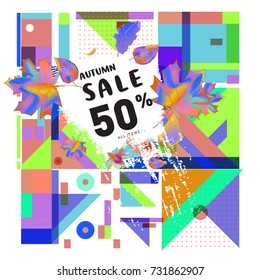 Autumn sale memphis style web banner. Fashion and travel discount poster. Vector holiday Abstract colorful illustration with special offer and promotion.