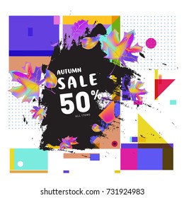 Autumn sale memphis style web banner. Fashion and travel discount poster. Vector holiday Abstract colorful illustration with special offer and promotion.