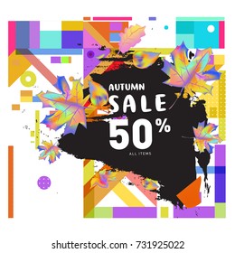 Autumn sale memphis style web banner. Fashion and travel discount poster. Vector holiday Abstract colorful illustration with special offer and promotion.