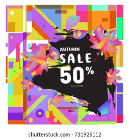 Autumn sale memphis style web banner. Fashion and travel discount poster. Vector holiday Abstract colorful illustration with special offer and promotion.
