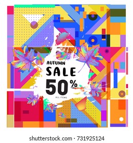 Autumn sale memphis style web banner. Fashion and travel discount poster. Vector holiday Abstract colorful illustration with special offer and promotion.