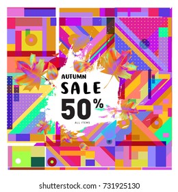 Autumn sale memphis style web banner. Fashion and travel discount poster. Vector holiday Abstract colorful illustration with special offer and promotion.