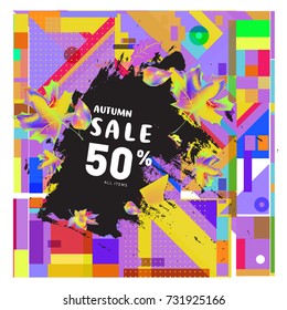 Autumn sale memphis style web banner. Fashion and travel discount poster. Vector holiday Abstract colorful illustration with special offer and promotion.