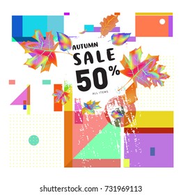 Autumn sale memphis style web banner. Fashion and travel discount poster. Vector holiday Abstract colorful illustration with special offer and promotion.