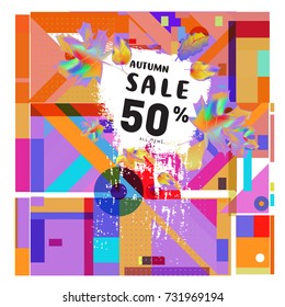 Autumn sale memphis style web banner. Fashion and travel discount poster. Vector holiday Abstract colorful illustration with special offer and promotion.