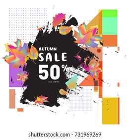 Autumn sale memphis style web banner. Fashion and travel discount poster. Vector holiday Abstract colorful illustration with special offer and promotion.