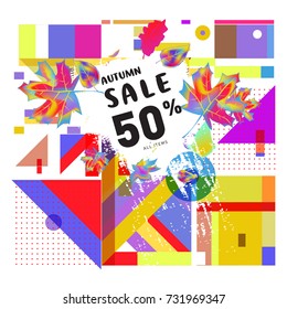 Autumn sale memphis style web banner. Fashion and travel discount poster. Vector holiday Abstract colorful illustration with special offer and promotion.