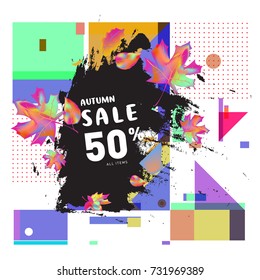 Autumn sale memphis style web banner. Fashion and travel discount poster. Vector holiday Abstract colorful illustration with special offer and promotion.