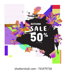 Autumn sale memphis style web banner. Fashion and travel discount poster. Vector holiday Abstract colorful illustration with special offer and promotion.