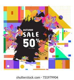 Autumn sale memphis style web banner. Fashion and travel discount poster. Vector holiday Abstract colorful illustration with special offer and promotion.