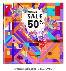 Autumn sale memphis style web banner. Fashion and travel discount poster. Vector holiday Abstract colorful illustration with special offer and promotion.