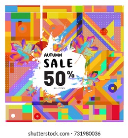 Autumn sale memphis style web banner. Fashion and travel discount poster. Vector holiday Abstract colorful illustration with special offer and promotion.