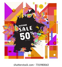 Autumn sale memphis style web banner. Fashion and travel discount poster. Vector holiday Abstract colorful illustration with special offer and promotion.