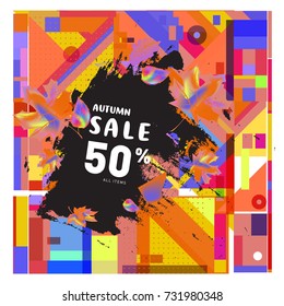 Autumn sale memphis style web banner. Fashion and travel discount poster. Vector holiday Abstract colorful illustration with special offer and promotion.