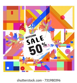 Autumn sale memphis style web banner. Fashion and travel discount poster. Vector holiday Abstract colorful illustration with special offer and promotion.