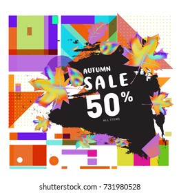 Autumn sale memphis style web banner. Fashion and travel discount poster. Vector holiday Abstract colorful illustration with special offer and promotion.
