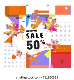 Autumn sale memphis style web banner. Fashion and travel discount poster. Vector holiday Abstract colorful illustration with special offer and promotion.