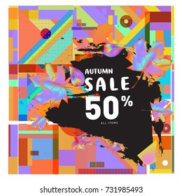 Autumn sale memphis style web banner. Fashion and travel discount poster. Vector holiday Abstract colorful illustration with special offer and promotion.