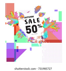 Autumn sale memphis style web banner. Fashion and travel discount poster. Vector holiday Abstract colorful illustration with special offer and promotion.
