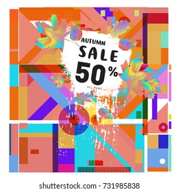 Autumn sale memphis style web banner. Fashion and travel discount poster. Vector holiday Abstract colorful illustration with special offer and promotion.