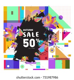 Autumn sale memphis style web banner. Fashion and travel discount poster. Vector holiday Abstract colorful illustration with special offer and promotion.