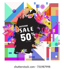 Autumn sale memphis style web banner. Fashion and travel discount poster. Vector holiday Abstract colorful illustration with special offer and promotion.