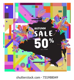 Autumn sale memphis style web banner. Fashion and travel discount poster. Vector holiday Abstract colorful illustration with special offer and promotion.